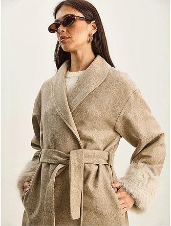 Veste en feutre oversize à col châle et poignets en fausse fourrure lucci