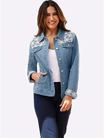 Veste en jean à col chemise et dentelle crochetée - Taille standard - Moda Vilona