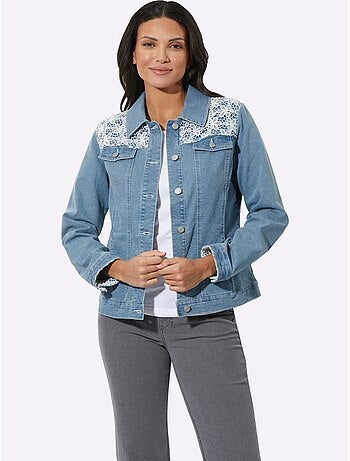 Veste en jean à col chemise et dentelle crochetée - Taille standard - Moda Vilona