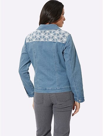 Veste en jean à col chemise et dentelle crochetée - Taille standard - Moda Vilona