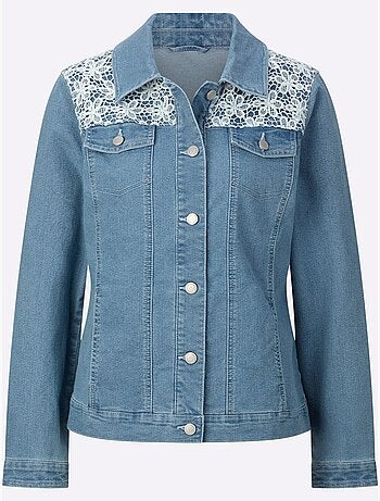 Veste en jean à col chemise et dentelle crochetée - Taille standard - Moda Vilona