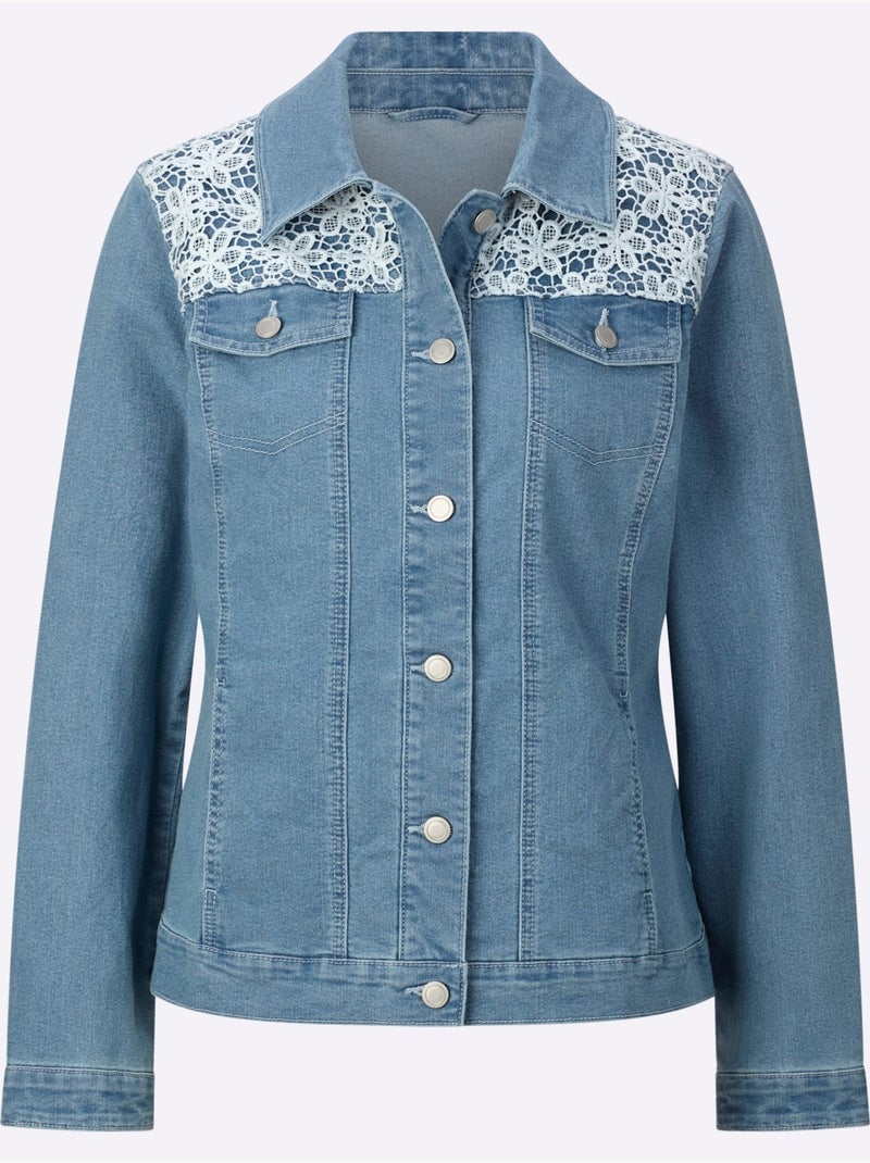 Veste en jean à col chemise et dentelle crochetée - Taille standard - Moda Vilona Bleu Blanc - Kiabi