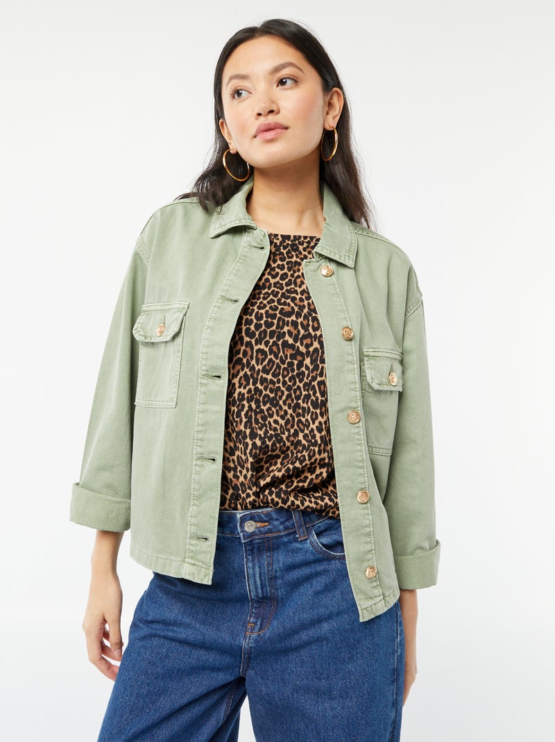 Veste en jean avec boutons dorés VERT Femme Kiabi