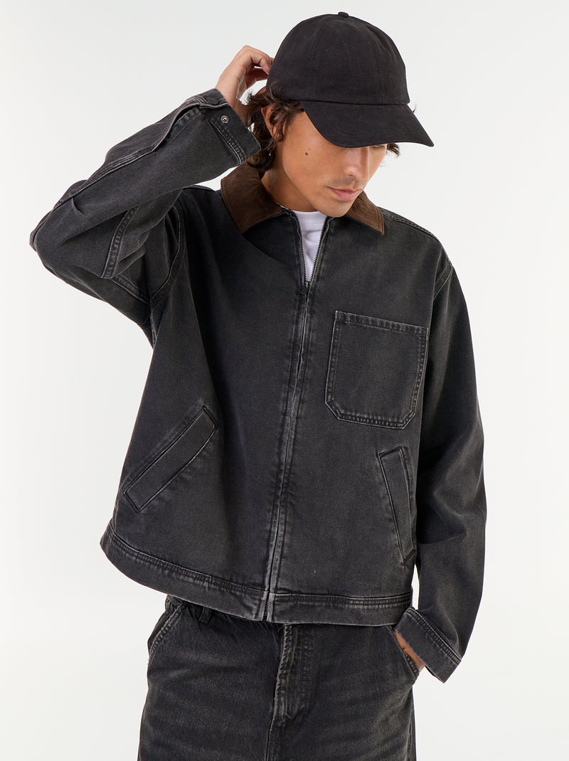Veste en jean avec col en velours côtelé Noir - Kiabi