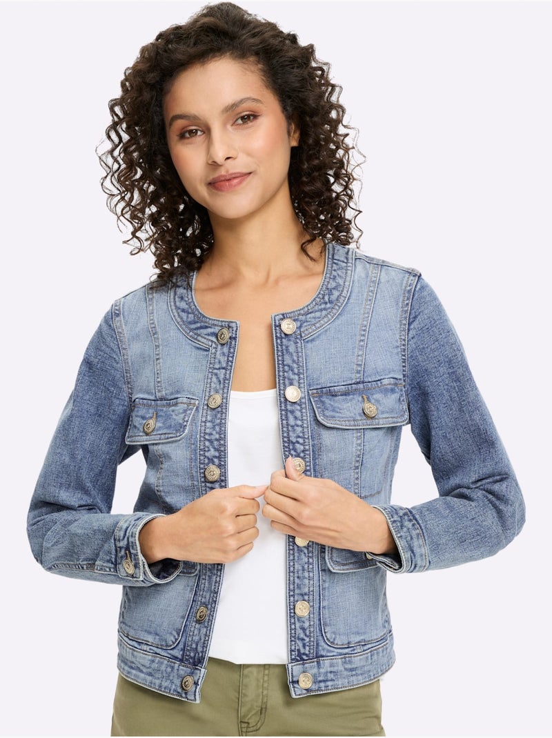 Veste En Jean Boutons Fantaisie Dorés - Taille Standard - Helline Bleu - Kiabi