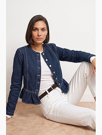 Veste en jean col rond à boutons, manches longues, bas volanté dilvin