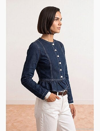 Veste en jean col rond à boutons, manches longues, bas volanté dilvin