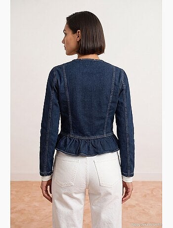 Veste en jean col rond à boutons, manches longues, bas volanté dilvin
