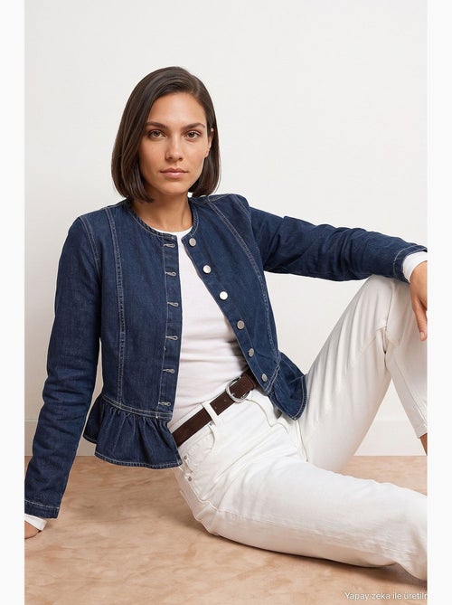 Veste en jean col rond à boutons, manches longues, bas volanté dilvin - Kiabi Veste en jean col rond à boutons, manches longues, bas volanté dilvin - Kiabi