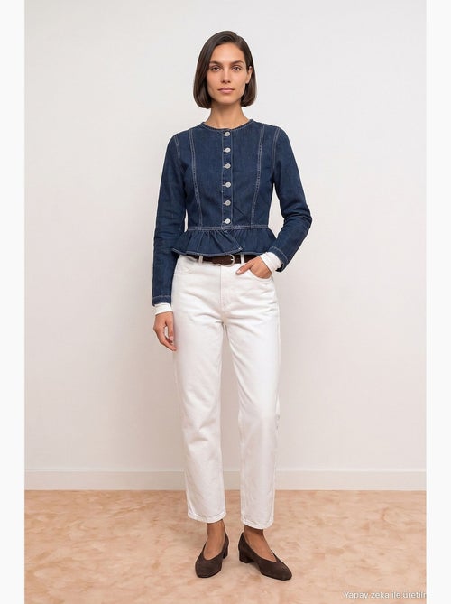 Veste en jean col rond à boutons, manches longues, bas volanté dilvin - Kiabi Veste en jean col rond à boutons, manches longues, bas volanté dilvin - Kiabi