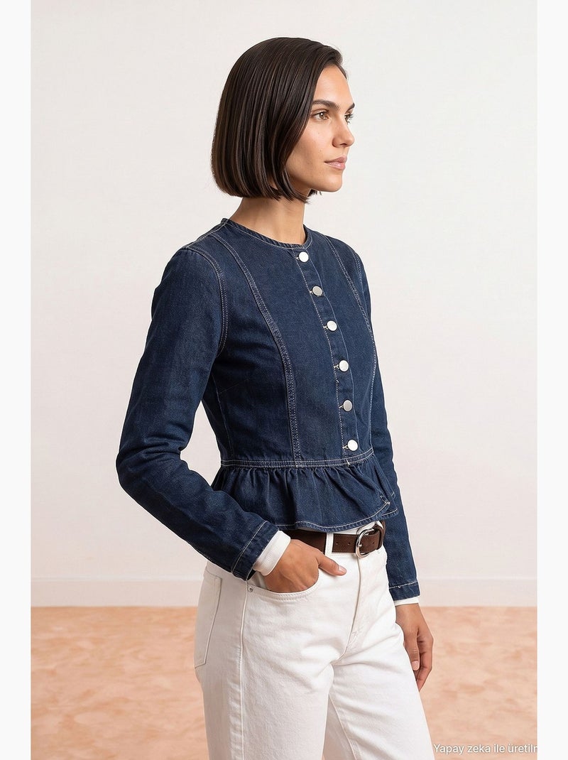 Veste en jean col rond à boutons, manches longues, bas volanté dilvin Bleu outremer - Kiabi