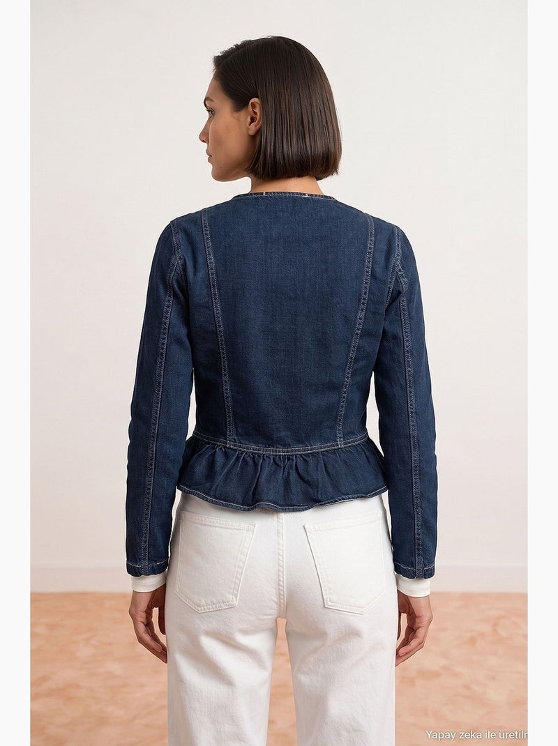 Veste en jean col rond à boutons, manches longues, bas volanté dilvin Bleu outremer - Kiabi