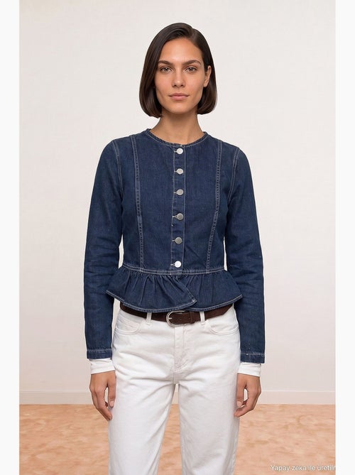 Veste en jean col rond à boutons, manches longues, bas volanté dilvin - Kiabi Veste en jean col rond à boutons, manches longues, bas volanté dilvin - Kiabi