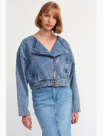 Veste en jean courte ceinturée style biker dilvin