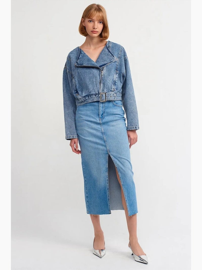 Veste en jean courte ceinturée style biker dilvin Bleu saphir - Kiabi