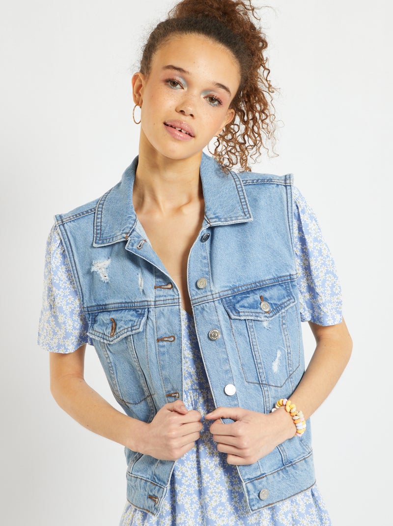 Veste en jean destroy sans manches bleu - Kiabi
