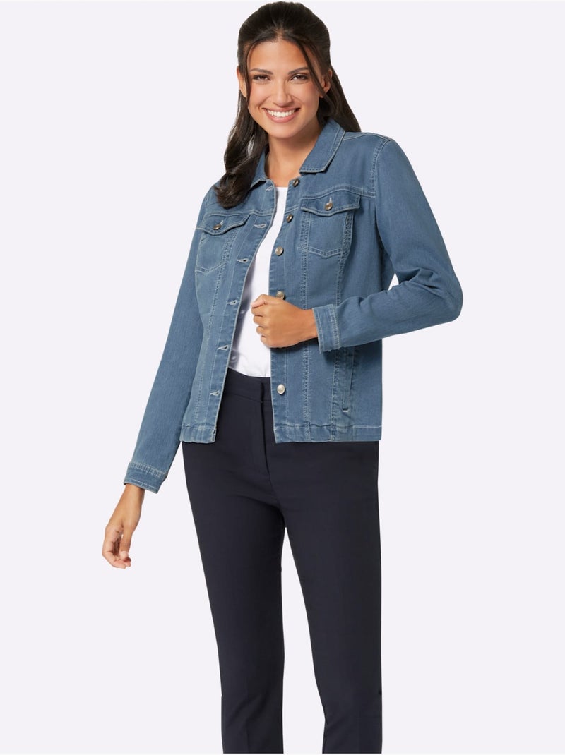 Veste en jean douce à col chemise et manches longues - Taille standard - Moda Vilona Bleu Blanc - Kiabi