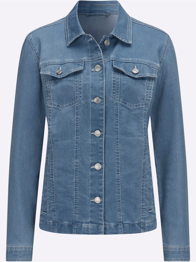 Veste en jean douce à col chemise et manches longues - Taille standard - Moda Vilona Bleu Blanc - Kiabi