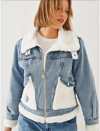 Veste en jean en fausse fourrure avec ceinture bianco lucci