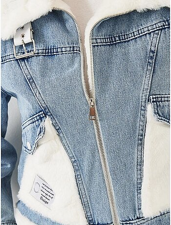 Veste en jean en fausse fourrure avec ceinture bianco lucci