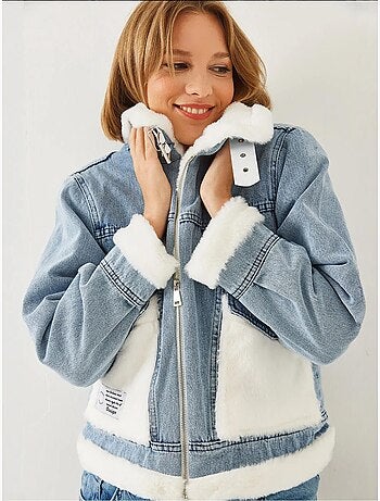 Veste en jean en fausse fourrure avec ceinture bianco lucci