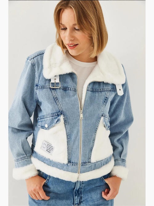 Veste en jean en fausse fourrure avec ceinture bianco lucci - Kiabi Veste en jean en fausse fourrure avec ceinture bianco lucci - Kiabi