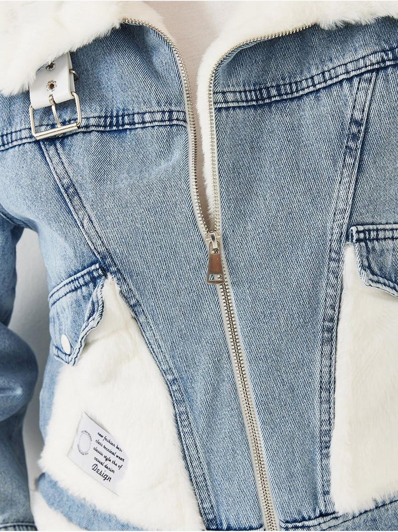 Veste en jean en fausse fourrure avec ceinture bianco lucci Bleu clair - Kiabi
