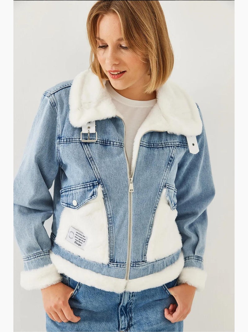 Veste en jean en fausse fourrure avec ceinture lucci Bleu clair - Kiabi