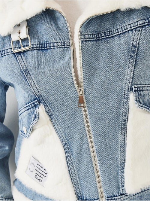 Veste en jean en fausse fourrure avec ceinture lucci - Kiabi Veste en jean en fausse fourrure avec ceinture lucci - Kiabi