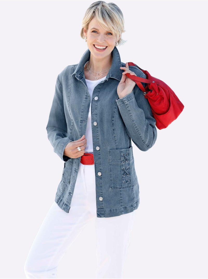 Veste En Jean Poches Décoratives - Taille Standard - Moda Vilona Bleu Blanc - Kiabi