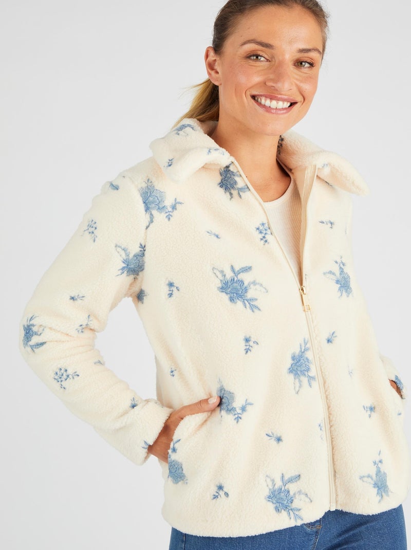 Veste en maille moutonnée brodée - Happy D. by Damart Blanc Ecru Blanc - Kiabi