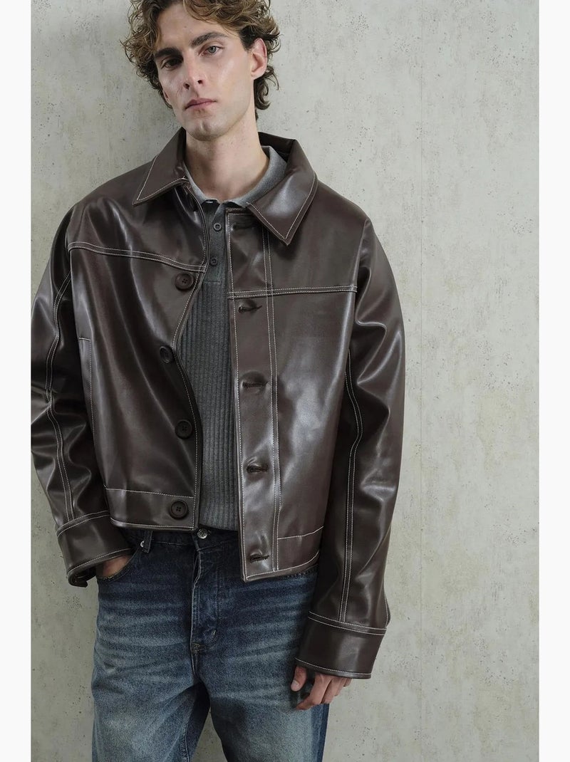 Veste en simili cuir boutonnée giesto Marron chocolat - Kiabi