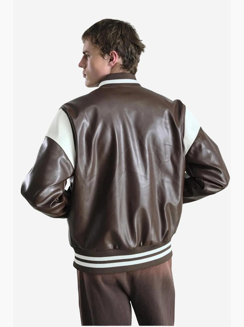 Veste en simili cuir brodée giesto Marron chocolat - Kiabi