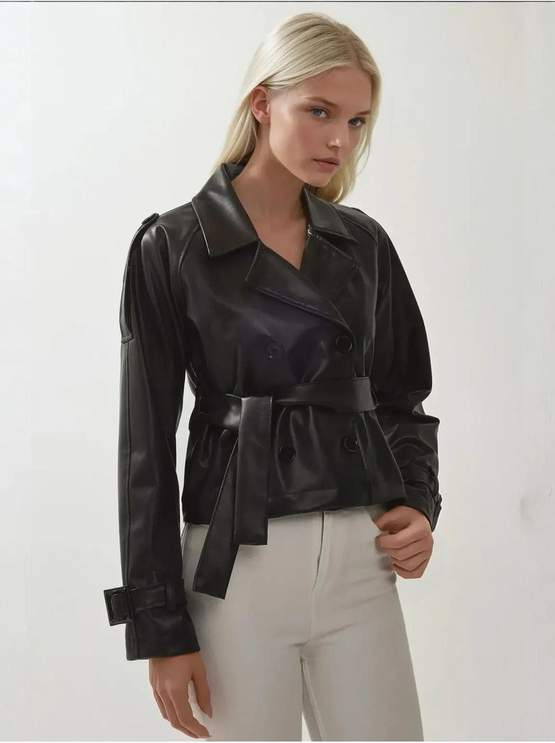 Veste en similicuir avec ceinture bdart Noir - Kiabi