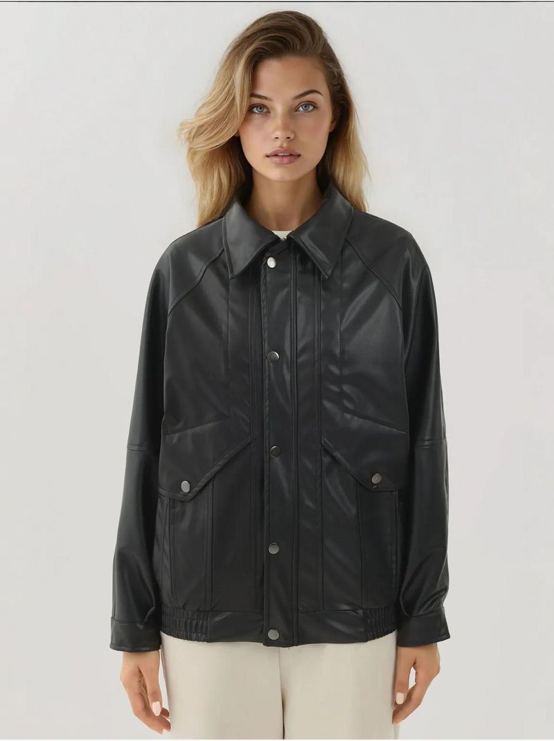 Veste en similicuir surdimensionnée avec poches Noir - Kiabi