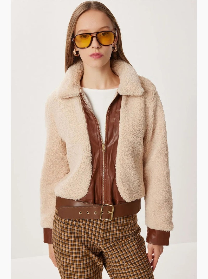 Veste en similicuir texturé avec fermeture éclair istanbul Beige argile - Kiabi