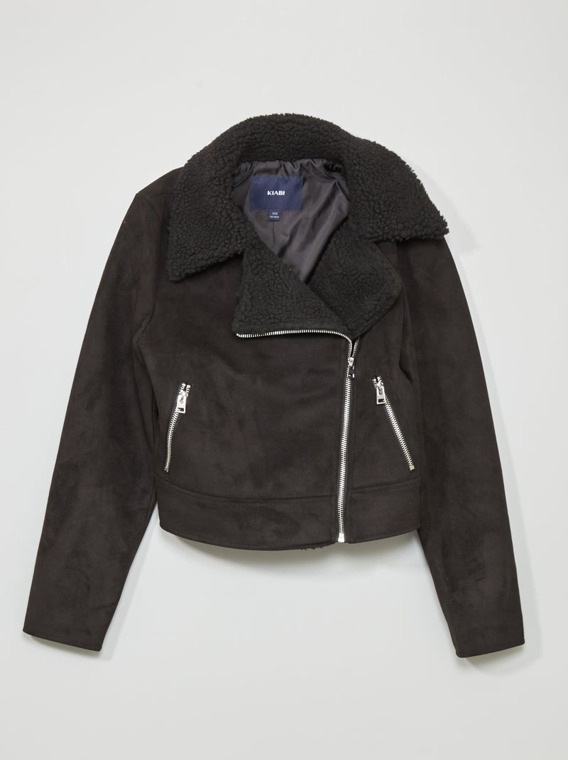 Veste en suédine avec effet moutonné noir - Kiabi