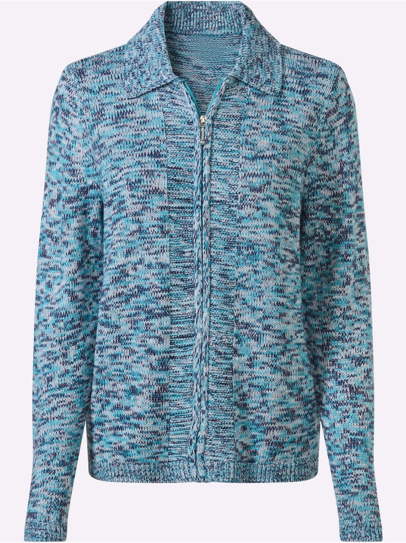 Veste en tricot à col à revers et manches longues avec glissière - Taille standard - Moda Vilona Turquoise - Kiabi