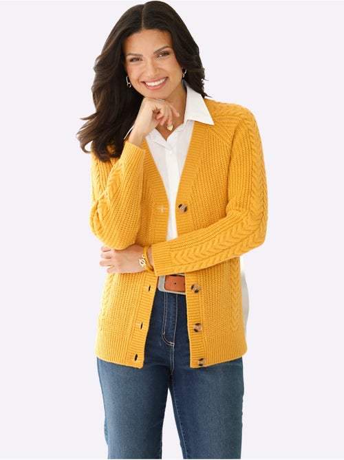 Veste en tricot à col en V avec motif torsadé et manches raglan - Taille standard - Moda Vilona - Kiabi