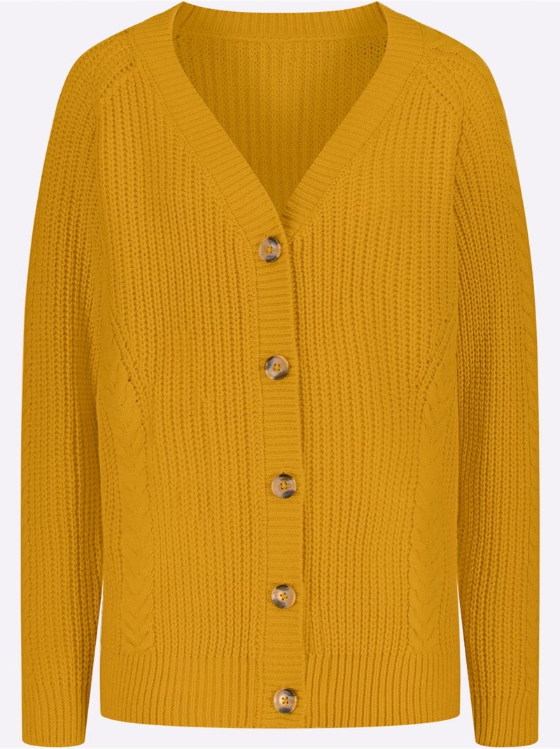 Veste en tricot à col en V avec motif torsadé et manches raglan - Taille standard - Moda Vilona Ocre - Kiabi