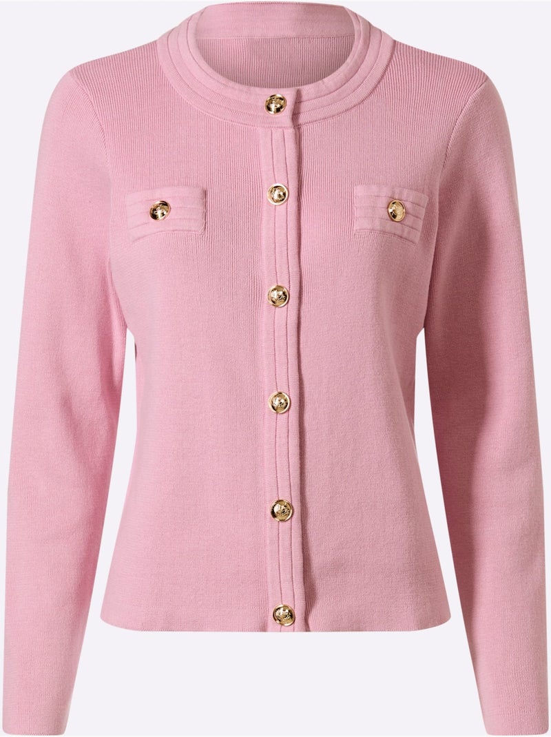 Veste en tricot à col rond avec boutons décoratifs et poches - taille standard - helline Rose - Kiabi