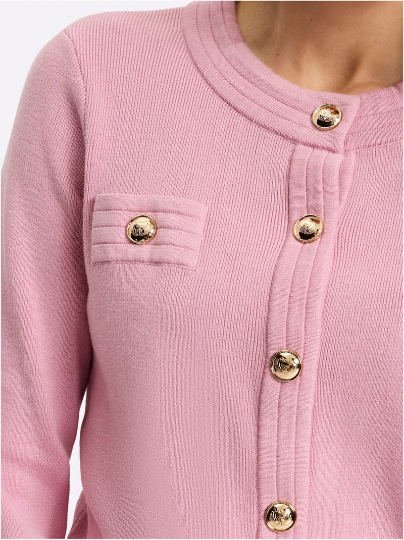 Veste en tricot à col rond avec boutons décoratifs et poches - taille standard - helline Rose - Kiabi