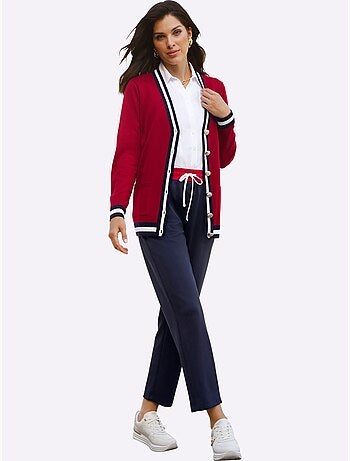 Veste en tricot à col V avec finitions rayées et poches - Taille standard - Moda Vilona