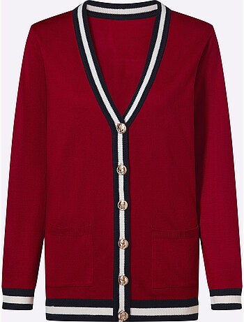 Veste en tricot à col V avec finitions rayées et poches - Taille standard - Moda Vilona