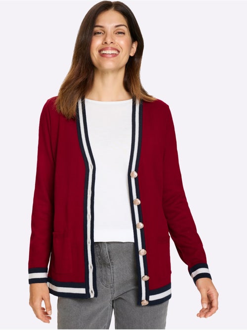 Veste en tricot à col V avec finitions rayées et poches - Taille standard - Moda Vilona - Kiabi Veste en tricot à col V avec finitions rayées et poches - Taille standard - Moda Vilona - Kiabi