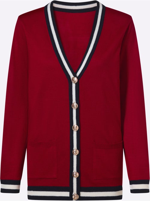 Veste en tricot à col V avec finitions rayées et poches - Taille standard - Moda Vilona - Kiabi Veste en tricot à col V avec finitions rayées et poches - Taille standard - Moda Vilona - Kiabi