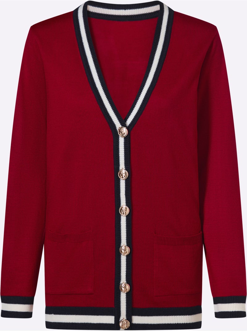 Veste en tricot à col V avec finitions rayées et poches - Taille standard - Moda Vilona Bleu Rouge - Kiabi