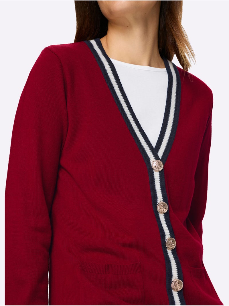 Veste en tricot à col V avec finitions rayées et poches - Taille standard - Moda Vilona Bleu Rouge - Kiabi