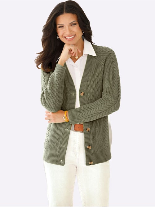 Veste en tricot à col V avec motif torsadé et manches raglan - Taille standard - Moda Vilona - Kiabi