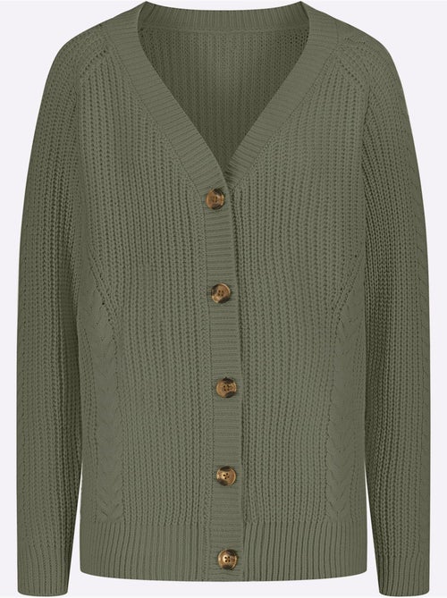 Veste en tricot à col V avec motif torsadé et manches raglan - Taille standard - Moda Vilona - Kiabi